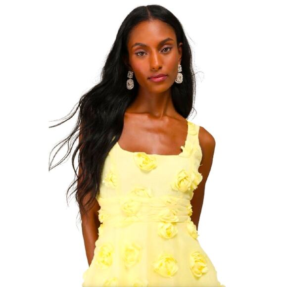 Lulus Yellow Sleeveless Tiered Exceptional Entrance Rosette Midi Dress Size L - Picture 7 of 11